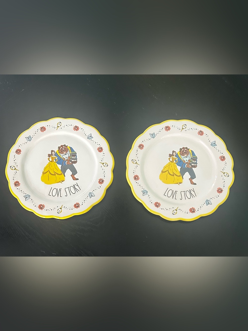 Pair Rae Dunn Disney Love Story Beauty & The Beast 8” Dish Plates Princess VHTF